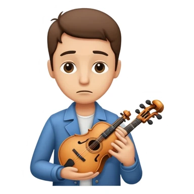 sad musician looking up with a thoughtful expression, holding an instrument sticker