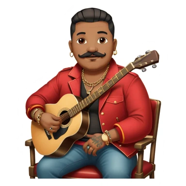 Icon for Chanson: Old fat chanson singer with tattoos and small moustache, red jacket, gold chains and braslettes, sitting on a chair with an acoustic guitar and standing microphone. No earrings. The atmosphere should reflect a nostalgic, soulful vibe with vintage elements. Transparent background. sticker