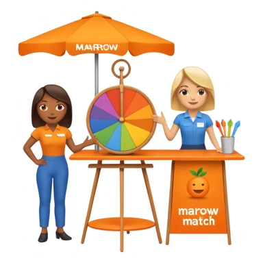 emoji of a recruitment booth. Two cartoon figures stand behind an orange table with 'MARROW, be a match' branding, a colorful spinning wheel, and a branded vertical banner. Simplified and cute sticker