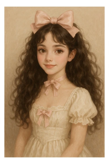 a girl with curly long dark brown hair, brown eyes, coquette style, semi-realistic style sticker