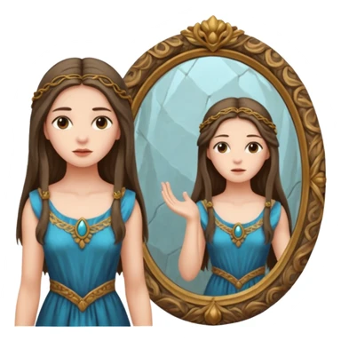 Woman facing ancient mirror, reflection slightly delayed and darker sticker