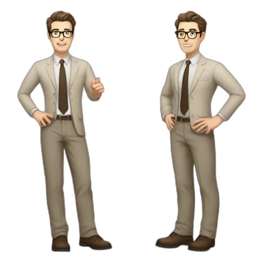 Full height Gesticulating Pale skinned fit man with dark brown hair in gray jacket, beige office shirt, brown tie, brown pants and vintage glasses. sticker