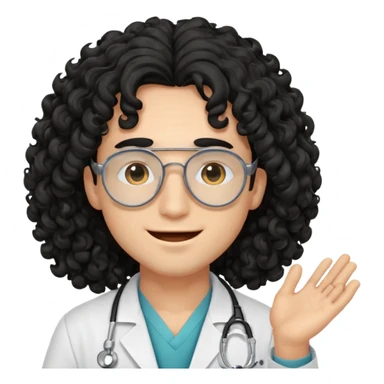 a young male doctor with black long curly hair cover his eyes a little bit and cheerful face sticker