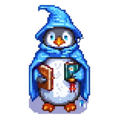 pixel art penguin wizard with a blue cloak and a tiny spellbook, standing on ice sticker