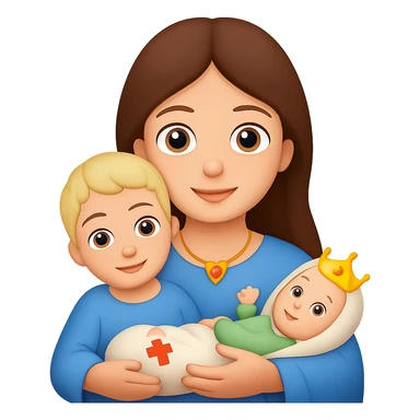 Remove hood from Mary, give her brown hair, keep light skin and baby Jesus, in emoji style. Remove background. sticker