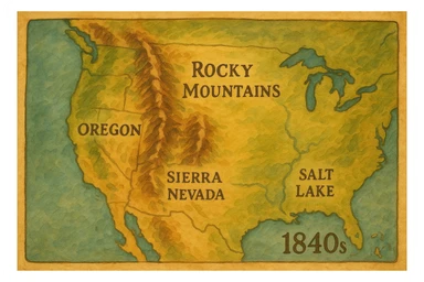 A topographical map of the USA in the 1840s which labels the Rocky Mountains, Oregon, California, Sierra Nevada mountains and Salt Lake sticker