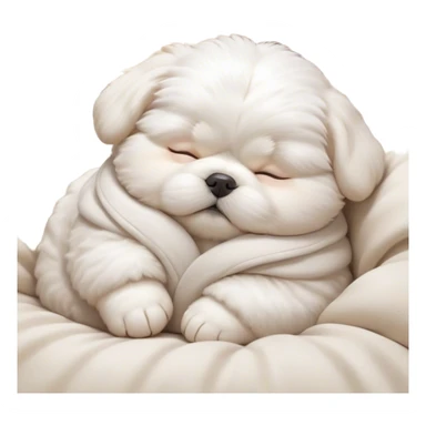 Cinematic Chubby Sleeping Maltese Portrait Emoji, Chubby and serene, with a round, adorable build and a soft, fluffy white coat, eyes gently closed in peaceful slumber, Simplified yet irresistibly endearing features, highly detailed, glowing with a gentle, dreamy glow, high shine, relaxed and content, stylized with a touch of whimsy, bright and heartwarming, soft glowing outline, capturing the essence of a blissfully sleepy companion, so comically serene it feels like it could roll out of the screen and snore with adorable charm! sticker