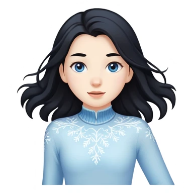 pale girl with long black hair ice skating, iOS emoji style sticker