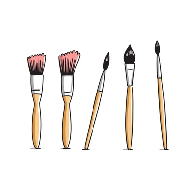 Set of artist paintbrushes in different sizes and shapes with wooden handles and colorful bristles. Using specific pastel colors (dd9fb0, ffc6d3, a3bfc9, c4bee2, f1b091). Hand-drawn doodle style with intricate details. Some brushes have paint on their tips. Transparent background. sticker