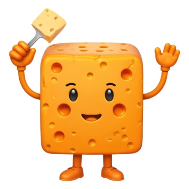 A cheese with arms and legs and a gritted face sticker