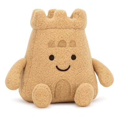 a cuddly jellycat sand castle plush, with smiling face and sandy color palette sticker