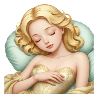 Cinematic Realistic Sleeping Cinderella Portrait, portrayed with exceptional realism: her luminous porcelain skin and exquisitely detailed golden-blonde hair lie softly under the gentle caress of natural light. Her eyes are peacefully closed in a serene, dreamlike slumber, and every fold and shimmer of her iconic ball gown is rendered with painstaking detail. The overall composition radiates a quiet, enchanting glow that encapsulates the timeless, restful beauty of a princess lost in a gentle, magical dream. sticker