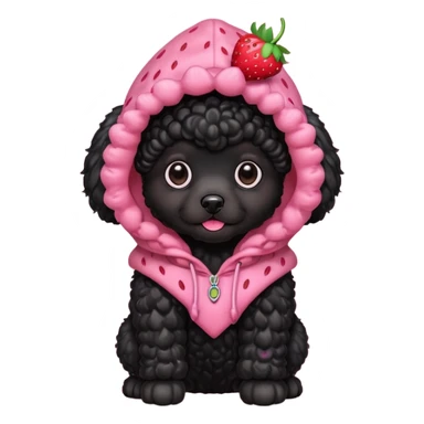A black poodle puppy with a strawberry hood sticker