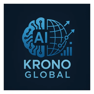 Logo concept combining artificial intelligence (AI), Krono Global branding, international business, and marketing. Modern, tech-inspired style with a global/world element and digital marketing motifs, sleek and professional. sticker