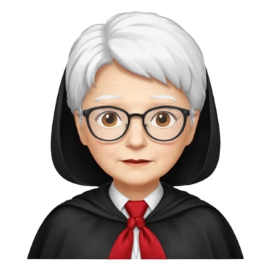 An older woman with glasses and white hair, in a red tie and black cape sticker