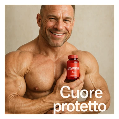 hyper realistic bodybuilder holding red bottle of astaxanthin near heart, well visible muscles, text 'Cuore protetto', positive atmosphere, realistic details sticker