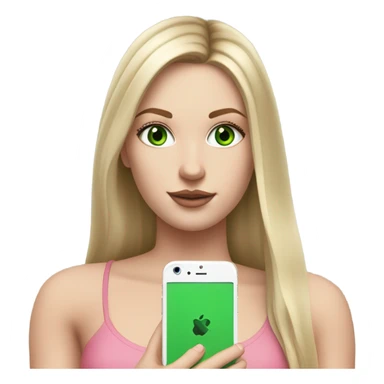 Realistic White girl with Long straight blonde hair, green eyes, tattoos, full body wearing white crop top, holding pink iphone sticker