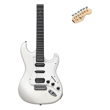 White electric guitar with sleek shiny body, black strings, and smooth neck sticker