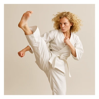 blonde curly haired woman performing a high karate kick, action pose, focused face, minimal background sticker