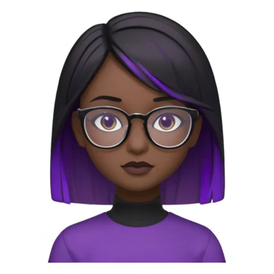 chica bonita con ligero cabello negro con rayas moradas que llega hasta los hombros con lentes cuadrados de estatura pequeña con ropa negra con otro estilo de cabello sticker