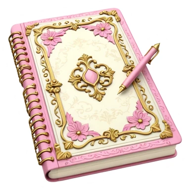 Notebook rococo style, gold and pink and white. angled view. with pen sticker