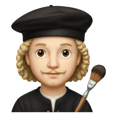 Rembrandt wear black berret hat, hold a brush sticker