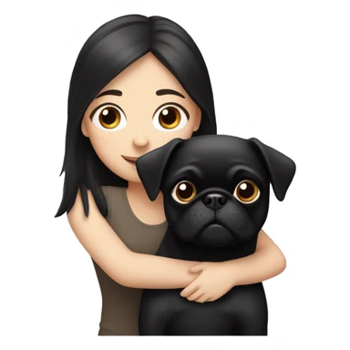 A white girl with black hair hugging a black pug dog sticker