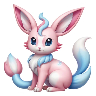 Feral Rare Fantasy cute realistic adorable pastel pink light-blue white iridescent Sylveon-Milotic-Minccino-Vernid-hybrid by LiLaiRa, markings, tufted ears, full body sticker