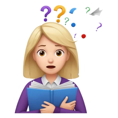 A kindergardenteacher with an overwhelmed expression, surrounded by flying papers and three question marks. sticker