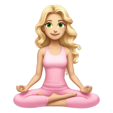 blonde long curled hair and green eyes yoga beautiful girl in light pink pink pink clothes sitting on a yoga mat sticker