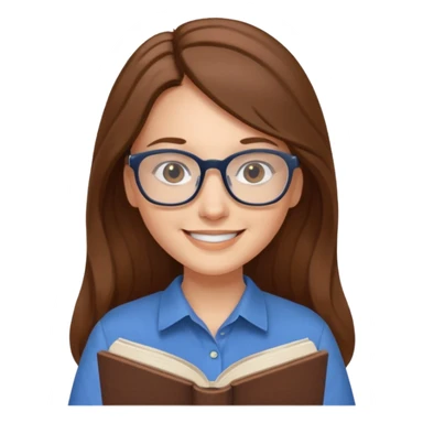 Women with long brown hair smiling, the lady wear glasses and a blue shirt reflecting harmony and peace. En her hands have a open book  sticker