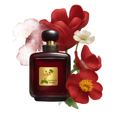 Dark red sophisticated perfume bottle with red buttercups and a silk scarf sticker