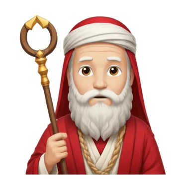 Moses holding his staff upright, flowing beard, traditional attire, parted Red Sea in background, emoji style sticker
