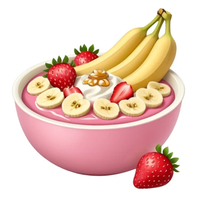 rose colour yougurt bowl with sliced fruits like strawberries and bananas, and some oat on the top and some honey sticker