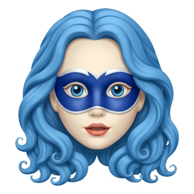 Life like mask of female with long wavy blue hair, empty eyes and mouth sticker