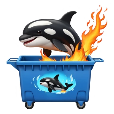 3d Cartoon orca coming out of a dumpster on fire sticker