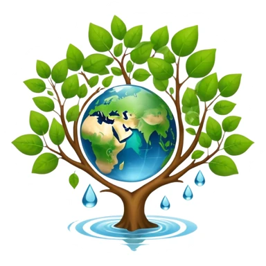 An icon featuring a tree, a recycling symbol, and a globe, representing ecology. The design includes green leaves, a water droplet, and wildlife, symbolizing the study of ecosystems, sustainability, and environmental protection. Transparent background. sticker