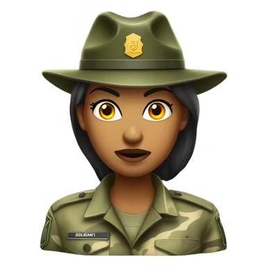 a female drill sergeant character wearing a classic sergeant hat and a camouflage army shirt. The character should have an angry intense expression. full torso sticker