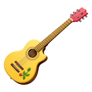 Un emoji estilo iPhone de una guitarra desarmanle vacía por dentro , con cuerpo color amarillo/dorado, mástil marrón y clavijas doradas. En el clavijero, en la parte superior izquierda, lleva una rosa roja con hojas verdes. El diseño debe ser minimalista, limpio, con bordes suaves y sombreados, sticker