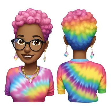 Plus size black woman with pink curly pixie cut hair and a rainbow tie dye sweater , and diamond stud earrings  sticker