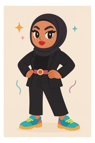 Change the outfit to black or very dark colors while keeping the baddie hijabi style. Maintain a confident pose, bold makeup, trendy outfit, stylish hijab, modern fashion, and attitude. Use vibrant colors only for accessories. sticker