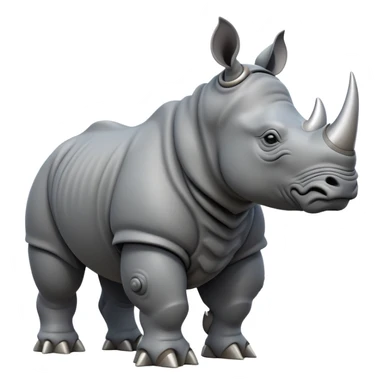 cinematic-rhino-full-body-standing-emoji,slate grey skin -massive-armored-body-poised-powerfully,-thick-horn-curving-slightly-forward,-head-tilted-dramatically,-rough-grey-hide-covered-in-dust,-simplified-focused-features sticker