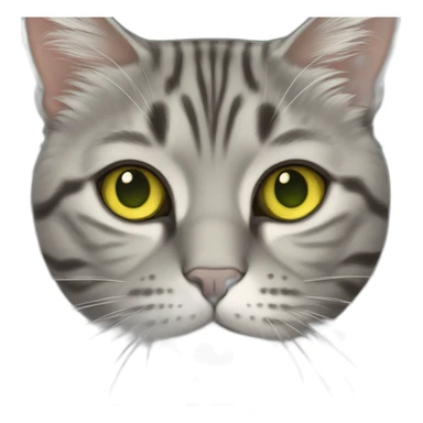 american short hair cat- tabby- a little bit fat- green yellow eyes- the distances between eyes is a little bit far- gray hair fluffy- short face- sticker