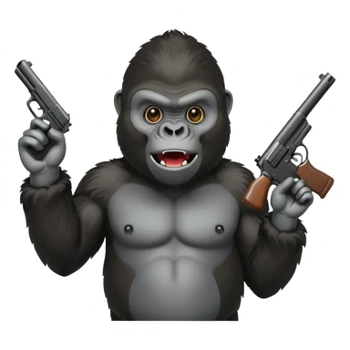 A gorilla holding a gun in the air making a silly face sticker