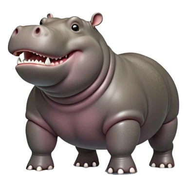 cinematic-hippo-realistic-full-body side view-standing on all fours-emoji,-massive-round-frame,-wide-mouthed-grin-exposing-huge-teeth,-head-tilted-dramatically,-thick-greyish-brown-hide-glossy-from-water,-simplified-yet-realistic-focused-features,-highly-detailed,-glowing-with-an-almost-sarcastic-glow showing only 4 theeth sticker