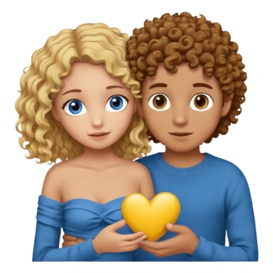 a girl with brown hair and brown eyes and a  boy with blonde kinda curly hair with blue eyes doing something romantic he’s wearing a brown knit jumper and girl is wearing a yellow bandeau top  sticker