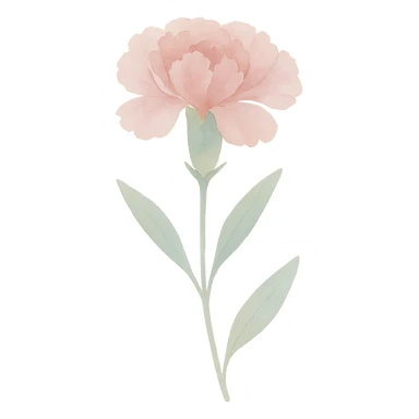 carnation with stem and leaves, luminous colors, gentle blending, realistic botanical illustration sticker