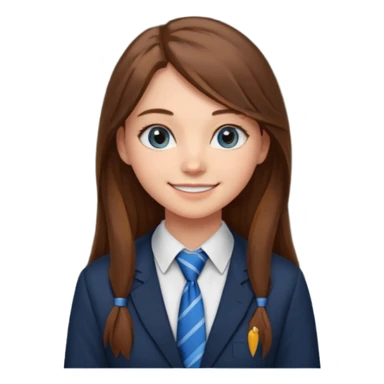 high school class room with a pretty female high school student with long brown hair, blue eyes, wearing a tie, sitting in front of the blackboard sticker