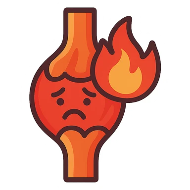 cartoon icon of an inflamed muscle or joint with a fire symbol, sad face, orange-red color palette, medical cartoon style sticker
