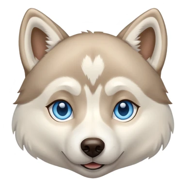 Beige husky with blue eyes and a brown heart sticker